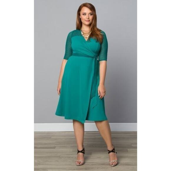 Kiyonna Wrap Dress Honeycomb Style Green 3X Colorful Slimming Stretch V Neckline - Picture 6 of 7